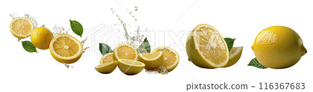 A visually appealing image featuring a clear background adorned with lemons and water splashes, showcasing keywords such as food, fruit, citrus, and natural ingredients 116367683