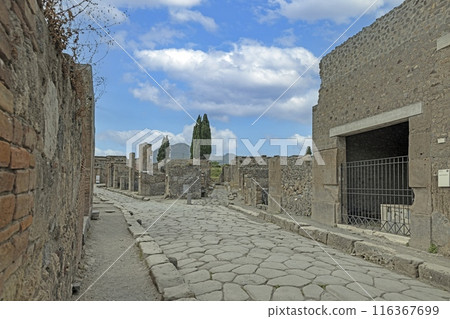 View of the historic ruined city of Pompeii in Italy with the volcano Vesuv View of the historic ruined city of Pompeii in Italy with the volcano Vesuv 116367699
