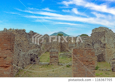 View of the historic ruined city of Pompeii in Italy with the volcano Vesuv 116367705