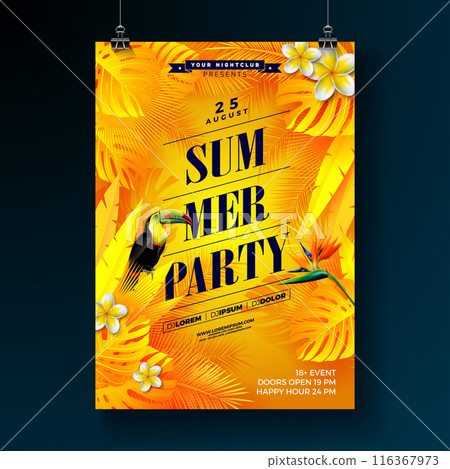 Tropical Summer Party Flyer Design Template with Flower, Tropical Palm Leaves and Toucan Bird on Yellow Background. Vector Summer Beach Celebration Illustration with Typography Letter for Banner 116367973