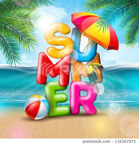 Summer Holiday Design with Colorful 3d Text, Tropical Palm Leaves and Beach Ball on Ocean Landscape Background. Vector Vacation Illustration with Typography Letter for Banner, Flyer, Invitation 116367975