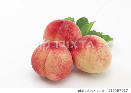 A popular summer fruit, peach, served with leaves on a white background 116367987