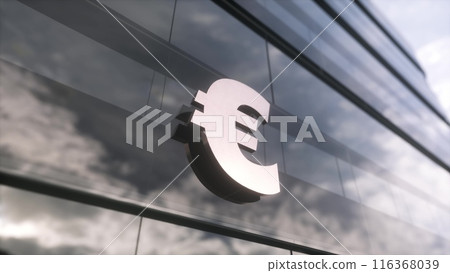 Euro EU currency sign on a modern glass skyscraper. Mirrored sky and city on modern facade. Business and finance concept. 3d illustration Euro EU currency sign on a modern glass skyscraper. Mirrored sky and city on modern facade. Business and finance concept. 3d illustration 116368039