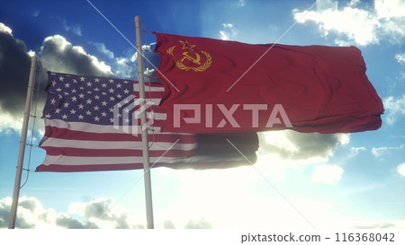 USSR Soviet Union and United States flag waving at wind at sunset. The Cold War. 3d illustration 116368042