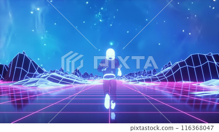 Astronaut runs surrounded by flashing neon lights. Synthwave background. 3d illustration Astronaut runs surrounded by flashing neon lights. Synthwave background. 3d illustration 116368047