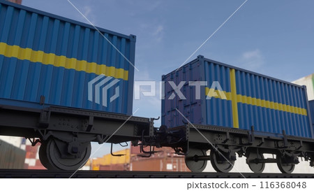 Train and containers with the flag of Sweden. Railway transportation. 3d illustration Train and containers with the flag of Sweden. Railway transportation. 3d illustration 116368048