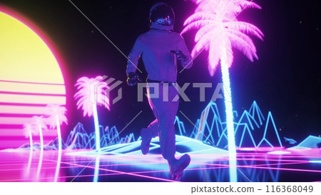 Astronaut runs surrounded by flashing neon lights. Music and nightclub concept. Retro 80s style synthwave background. 3d illustration 116368049