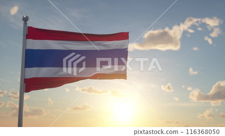 Thailand flag on pole waving in the wind sky background. The national flag of Thailand. 3d illustration Thailand flag on pole waving in the wind sky background. The national flag of Thailand. 3d illustration 116368050