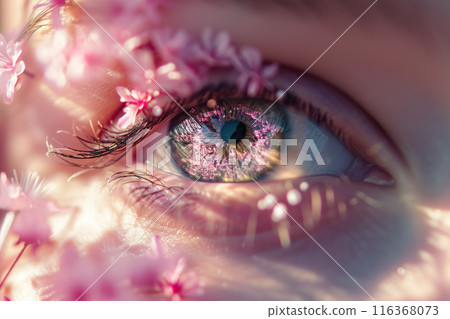 Beautiful female eye with pink flowers and petals. Glamorous delicate makeup look. Close-up Beautiful female eye with pink flowers and petals. Glamorous delicate makeup look. Close-up 116368073