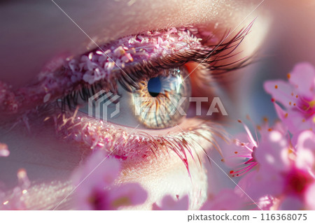 Beautiful female eye with pink flowers and petals. Glamorous delicate makeup look. Close-up Beautiful female eye with pink flowers and petals. Glamorous delicate makeup look. Close-up 116368075