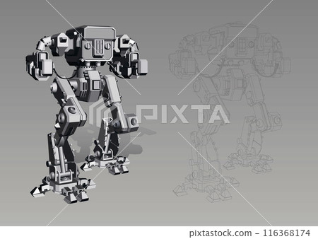 Drawing of a robot and drawing with guns. Vector. 116368174