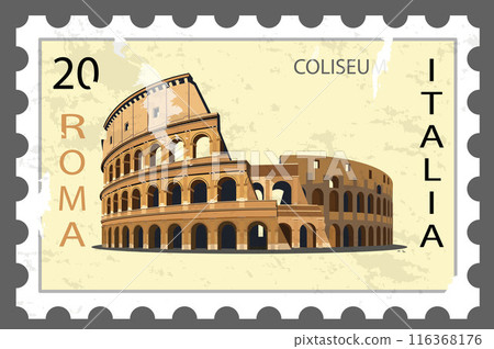 Postage stamp with the image of the Colosseum. Vector. Postage stamp with the image of the Colosseum. Vector. 116368176