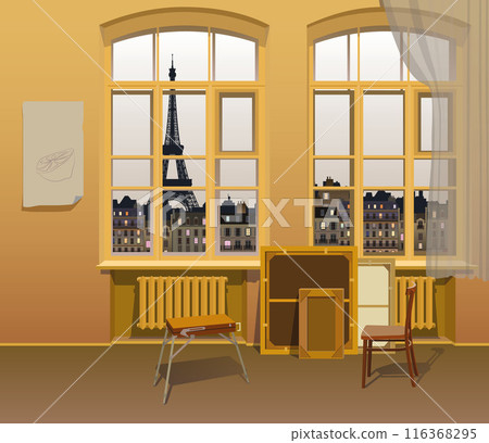 Interior of an artist's studio overlooking the Eiffel Tower. Vector. 116368295
