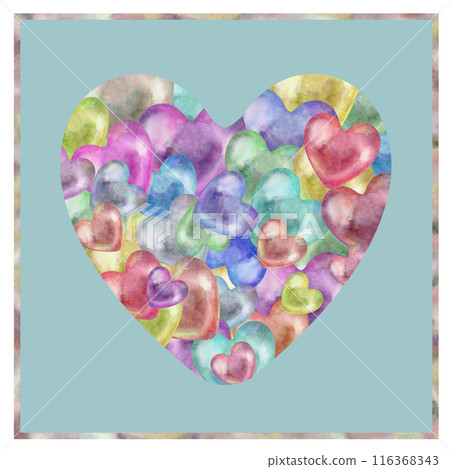 Transparent multicolor rainbow pearl hearts. Watercolor illustration for template for Valentine's Day, wedding, love interior decor, phone wallpaper, candy and gum, in cooking, alcohol, alchemy, magic 116368343