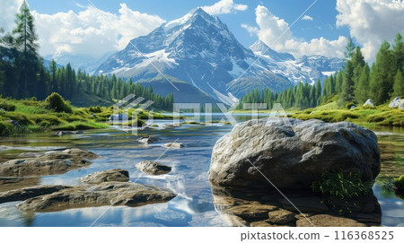 Beautiful view of the mountains and lake on a sunny day. Mountain landscape and blue sky Beautiful view of the mountains and lake on a sunny day. Mountain landscape and blue sky 116368525