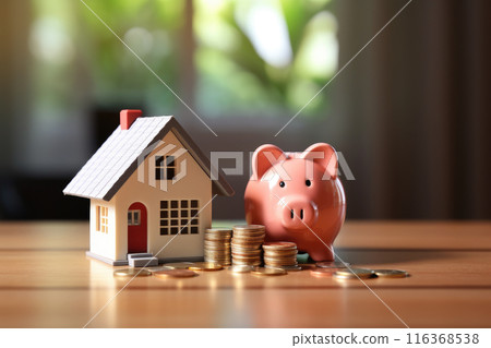 House and pig piggy bank with coins. Real estate and savings. Saving money to maintain property. Municipal budget for the maintenance of buildings. Price cost estimate. Payment of taxes and utilities 116368538