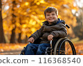 Cute happy school age boy sitting on a wheelchair in an autumn park and enjoying a sunny day 116368540
