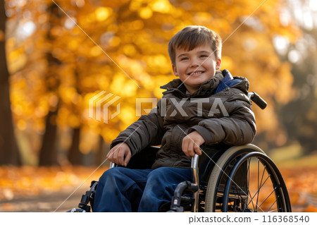 Cute happy school age boy sitting on a wheelchair in an autumn park and enjoying a sunny day 116368540