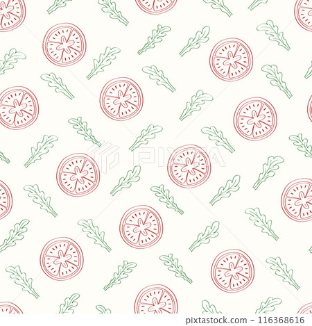 Tomato and arugula slices are a seamless pattern, vegetable background cartoon. Vector illustration wallpaper for the kitchen. Tomato and arugula slices are a seamless pattern, vegetable background cartoon. Vector illustration wallpaper for the kitchen. 116368616