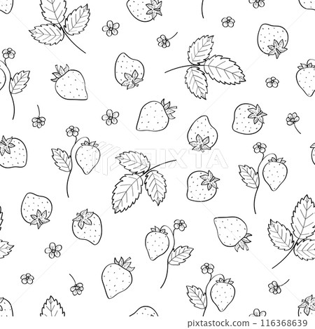 Seamless strawberry pattern with leaves. Vector background with summer sweet strawberries. 116368639
