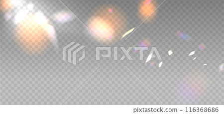 Abstract refraction glow and bokeh effect. Warm crystal light leak flare reflection effect. Transparent refraction background. Vector overlay for summer sun effect. Abstract refraction glow and bokeh effect. Warm crystal light leak flare reflection effect. Transparent refraction background. Vector overlay for summer sun effect. 116368686