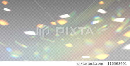 Prism light sparkles overlay, crystal diamond shine of green rainbow light with flares. Prism light glasses or lens flare spectrum of gem glass refraction and sunlight shiny dispersion. Vector 116368691