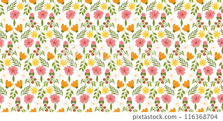 Continuous pattern showcasing floral elements. Botanical-inspired repetitive fabric or wallpaper design with yellow and orange flowers, red berries, leaves, and cherry blossom. Continuous pattern showcasing floral elements. Botanical-inspired repetitive fabric or wallpaper design with yellow and orange flowers, red berries, leaves, and cherry blossom. 116368704