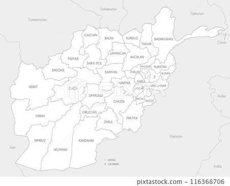 Vector regional map of Afghanistan with provinces and administrative divisions, and neighbouring countries and territories. Editable and clearly labeled layers. 116368706