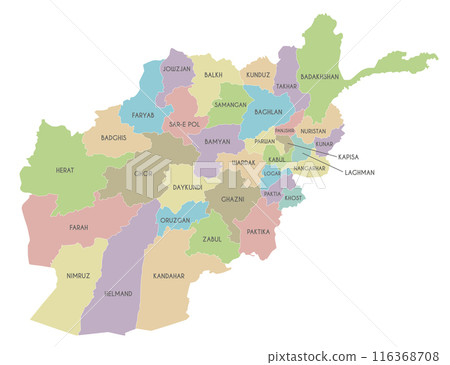 Vector regional map of Afghanistan with provinces or territories and administrative divisions. Editable and clearly labeled layers. 116368708