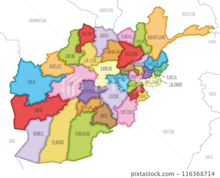 Vector illustrated regional map of Afghanistan with provinces and administrative divisions, and neighbouring countries and territories. Editable and clearly labeled layers. 116368714