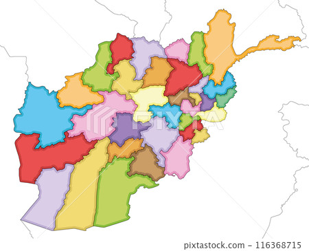 Vector illustrated regional blank map of Afghanistan with provinces and administrative divisions, and neighbouring countries and territories. Editable and clearly labeled layers. 116368715