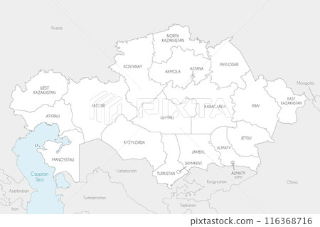 Vector map of Kazakhstan with regions, independent cities and administrative divisions, and neighbouring countries and territories. Editable and clearly labeled layers. Vector map of Kazakhstan with regions, independent cities and administrative divisions, and neighbouring countries and territories. Editable and clearly labeled layers. 116368716
