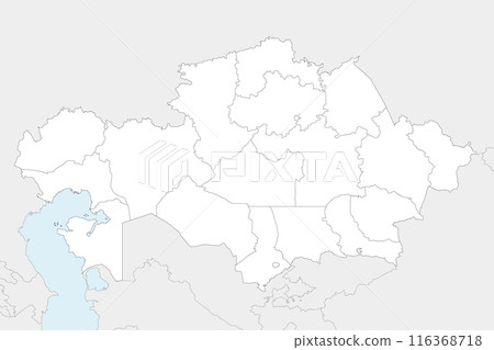 Vector blank map of Kazakhstan with regions, independent cities and administrative divisions, and neighbouring countries and territories. Editable and clearly labeled layers. Vector blank map of Kazakhstan with regions, independent cities and administrative divisions, and neighbouring countries and territories. Editable and clearly labeled layers. 116368718