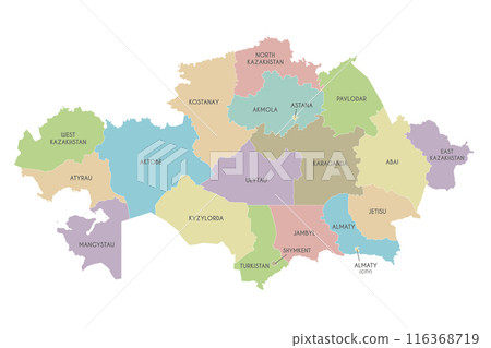 Vector map of Kazakhstan with regions, independent cities and administrative divisions. Editable and clearly labeled layers. Vector map of Kazakhstan with regions, independent cities and administrative divisions. Editable and clearly labeled layers. 116368719