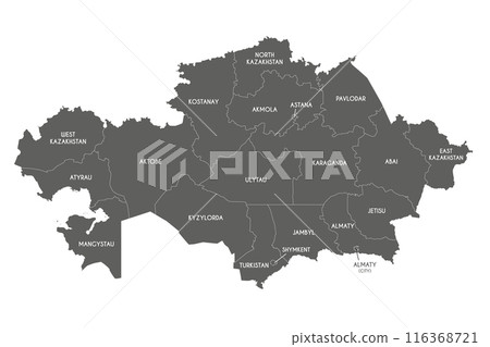 Vector map of Kazakhstan with regions, independent cities and administrative divisions. Editable and clearly labeled layers. Vector map of Kazakhstan with regions, independent cities and administrative divisions. Editable and clearly labeled layers. 116368721