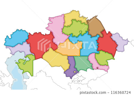 Vector illustrated blank map of Kazakhstan with regions, independent cities and administrative divisions, and neighbouring countries and territories. Editable and clearly labeled layers. 116368724