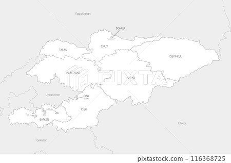 Vector map of Kyrgyzstan with regions and administrative divisions, and neighbouring countries and territories. Editable and clearly labeled layers. 116368725