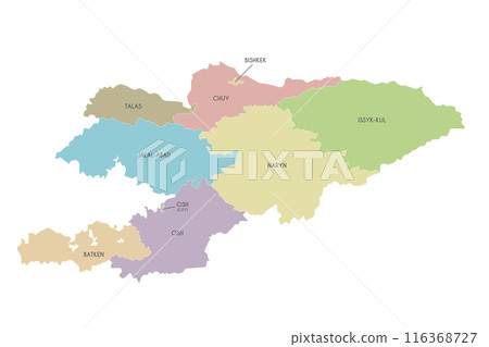 Vector map of Kyrgyzstan with regions and administrative divisions. Editable and clearly labeled layers. 116368727
