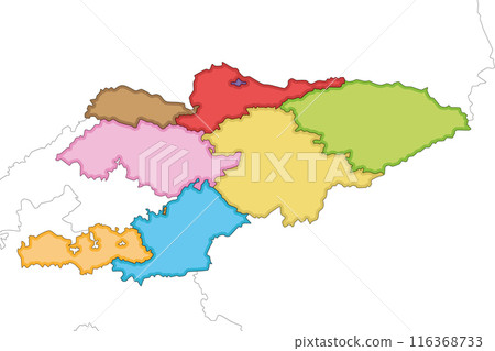 Vector illustrated blank map of Kyrgyzstan with regions and administrative divisions, and neighbouring countries and territories. Editable and clearly labeled layers. 116368733