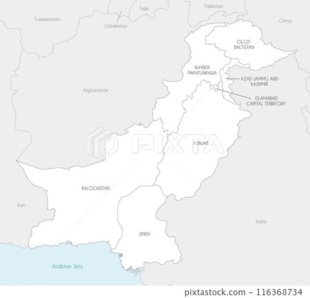 Vector regional map of Pakistan with provinces and territories and administrative divisions, and neighbouring countries and territories. Editable and clearly labeled layers. Vector regional map of Pakistan with provinces and territories and administrative divisions, and neighbouring countries and territories. Editable and clearly labeled layers. 116368734
