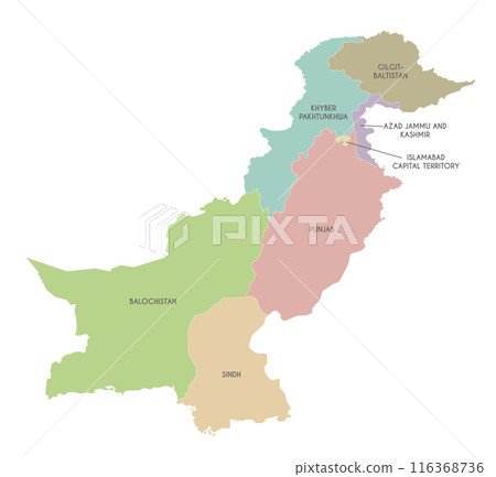 Vector regional map of Pakistan with provinces and territories and administrative divisions. Editable and clearly labeled layers. Vector regional map of Pakistan with provinces and territories and administrative divisions. Editable and clearly labeled layers. 116368736