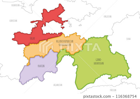 Vector illustrated regional map of Tajikistan with provinces and administrative divisions, and neighbouring countries and territories. Editable and clearly labeled layers. Vector illustrated regional map of Tajikistan with provinces and administrative divisions, and neighbouring countries and territories. Editable and clearly labeled layers. 116368754