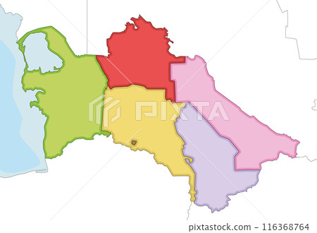 Vector illustrated regional blank map of Turkmenistan with provinces, capital city district and administrative divisions, and neighbouring countries and territories. Editable and clearly labeled 116368764