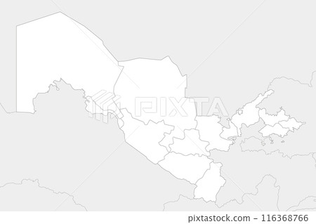 Vector blank map of Uzbekistan with regions and administrative divisions, and neighbouring countries and territories. Editable and clearly labeled layers. 116368766