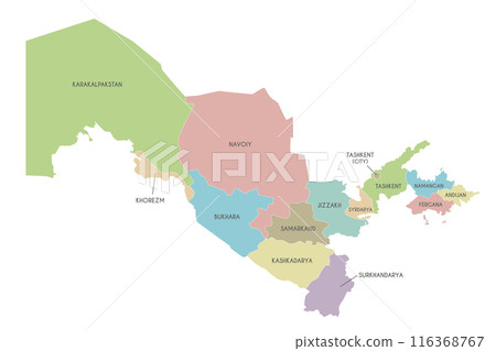Vector map of Uzbekistan with regions or territories and administrative divisions. Editable and clearly labeled layers. 116368767