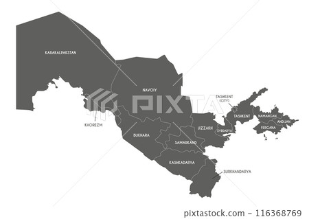 Vector map of Uzbekistan with regions or territories and administrative divisions. Editable and clearly labeled layers. 116368769