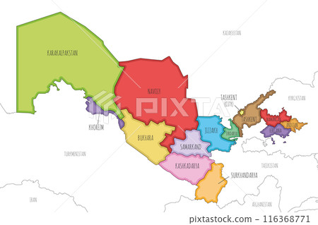 Vector illustrated map of Uzbekistan with regions and administrative divisions, and neighbouring countries and territories. Editable and clearly labeled layers. 116368771