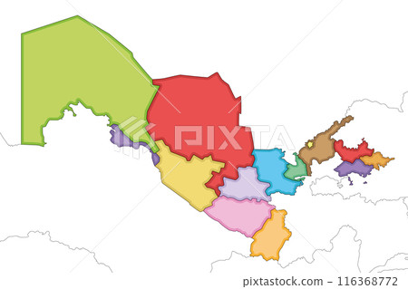 Vector illustrated blank map of Uzbekistan with regions and administrative divisions, and neighbouring countries and territories. Editable and clearly labeled layers. 116368772
