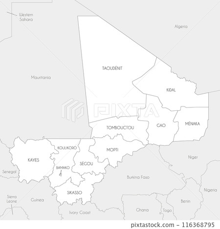 Vector map of Mali with regions, capital district and administrative divisions, and neighbouring countries. Editable and clearly labeled layers. 116368795