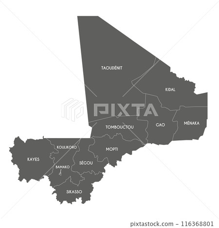 Vector map of Mali with regions, capital district and administrative divisions. Editable and clearly labeled layers. 116368801